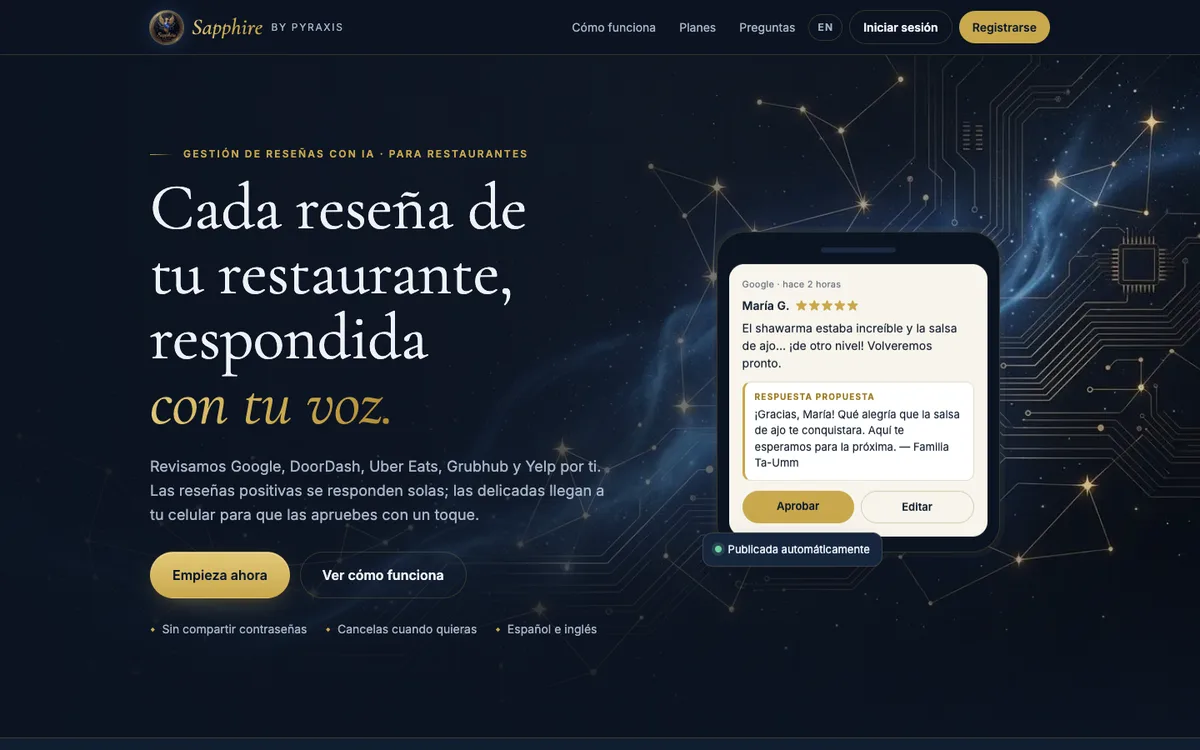 Portada de Sapphire, la app de reseñas de Pyraxis